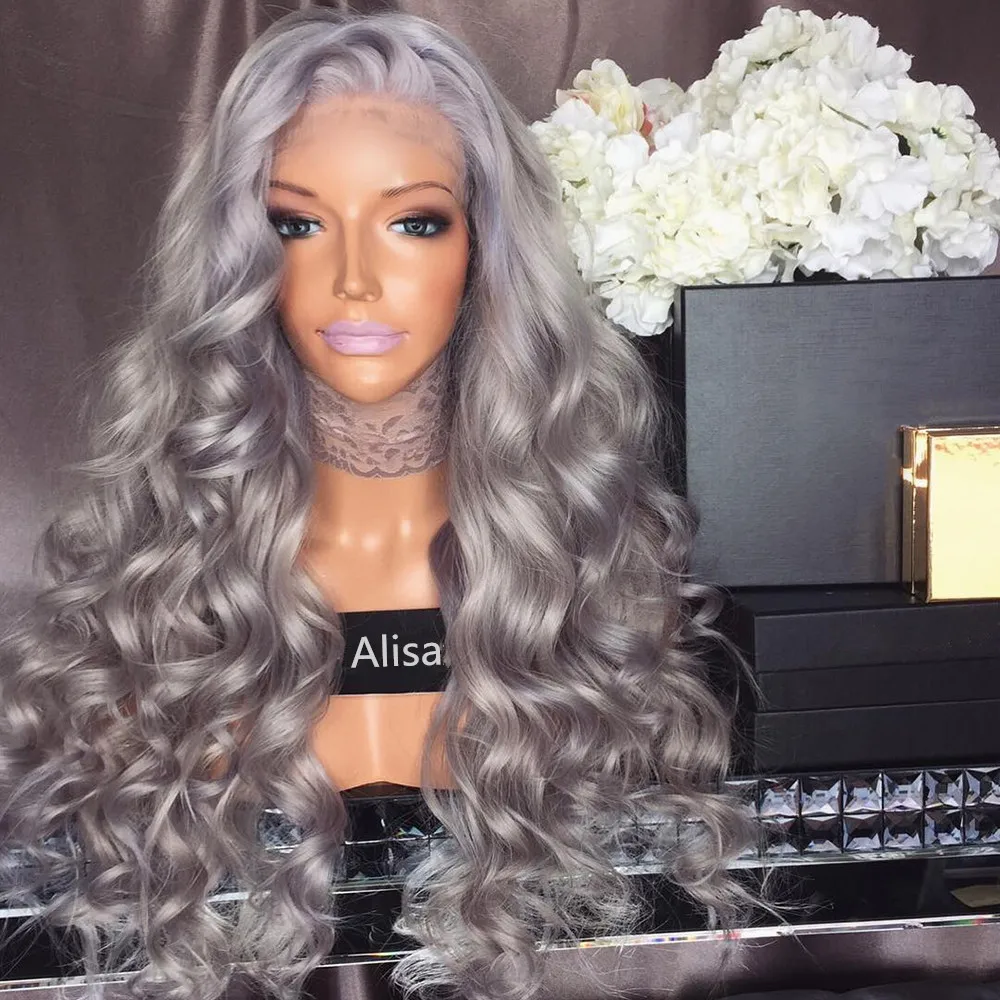

250% Density Grey Silver Free Part Wave Human Hair Lace Front Wigs