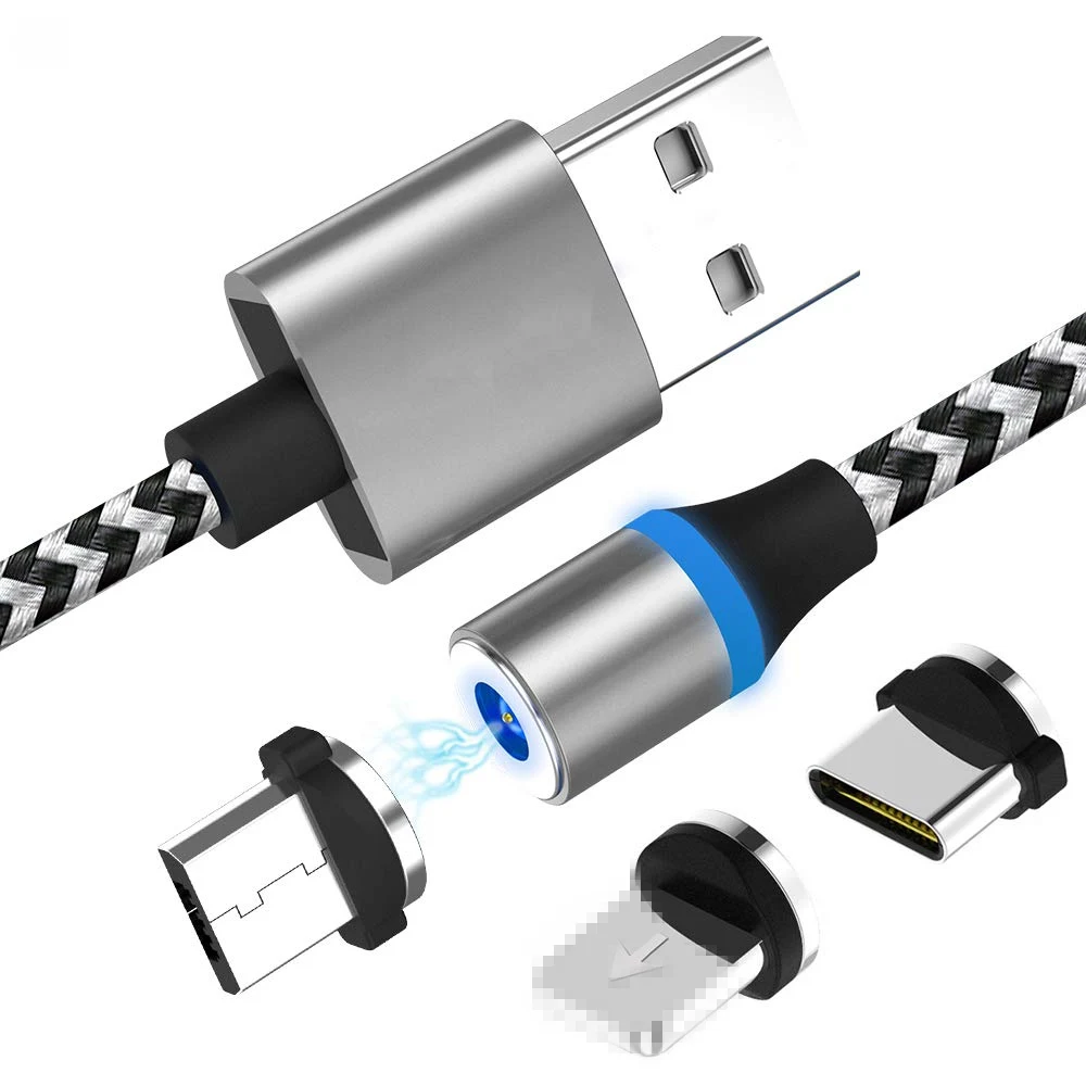 

High Quality Led 3 in 1 Magnetic Charger Braided Usb Cable, Black, red, sliver