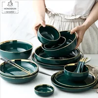 

Plates and Bowls Dish Spoon Dinner Set with Glod Rim Ceramic Deep Plate Green Dinnerware