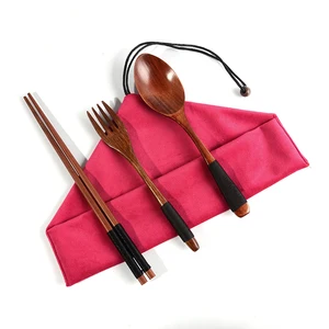 Image of 2-piece wooden tableware flat reusable chopsticks spoon fork portable travel cutlery set with pouch bag