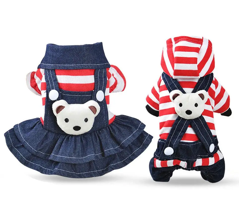 

Queena Striped Jean Dog Clothes Winter Small Pet Jumpsuit Overalls Dress Apparel Warm