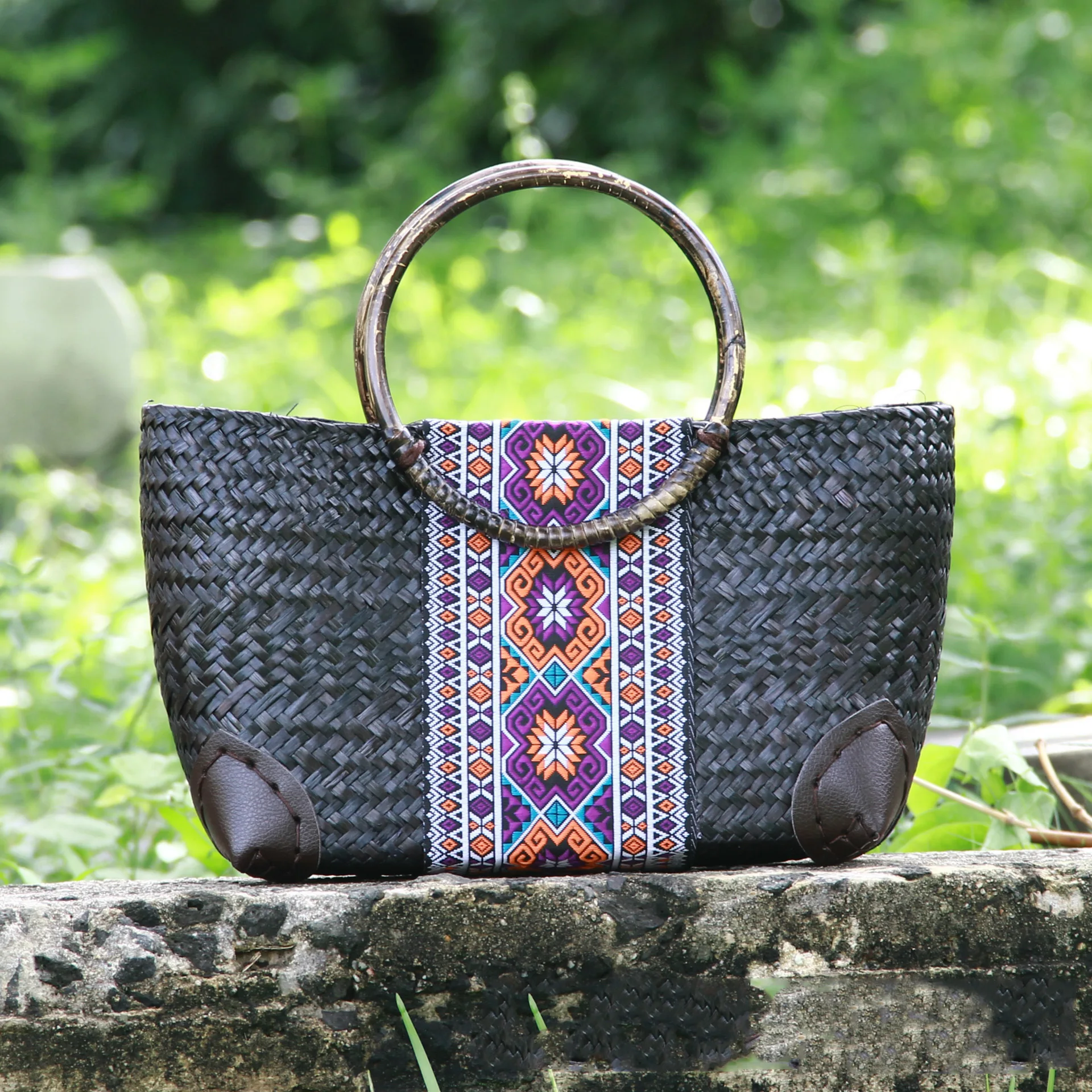 

Manufacture Thailand straw bag ethnic rattan tote handbag, Customzied