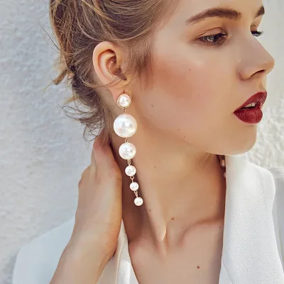 New Design Trendy Elegant Created Big Simulated Pearl String Statement Drop Earrings For Wedding Party Gift