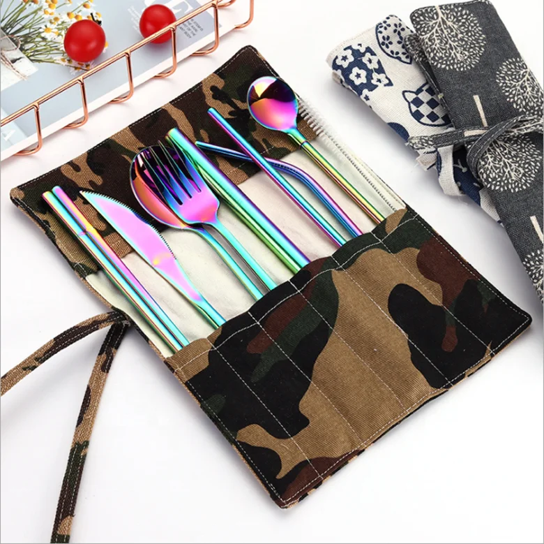 

Western Cutlery Set 304 Stainless Steel Dinnerware Set Kitchen Knife Spoon Fork Chopsticks straws set Portable Travel Tableware, As picture