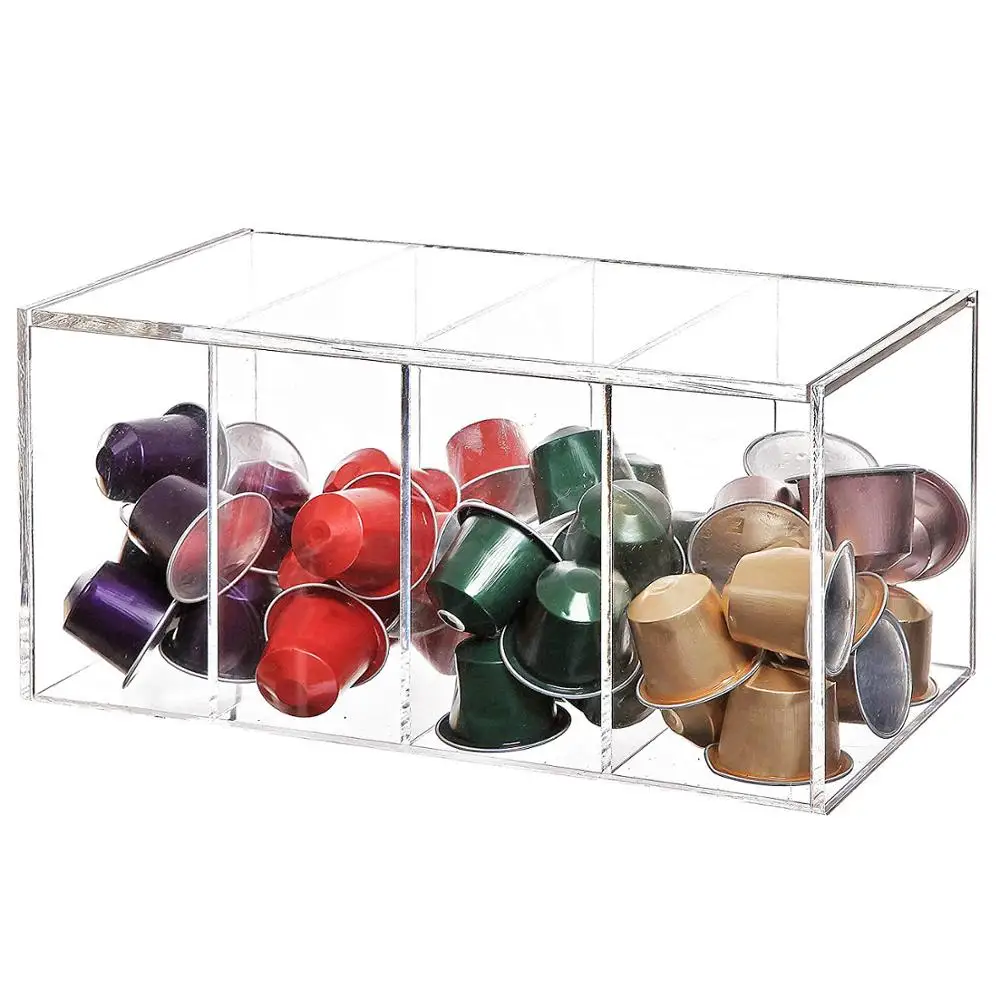 

Clear Acrylic 4 Compartment Hinge Lid Capsule Holder/Tea Bag Organizer Storage Box Dispenser, Clear, customize