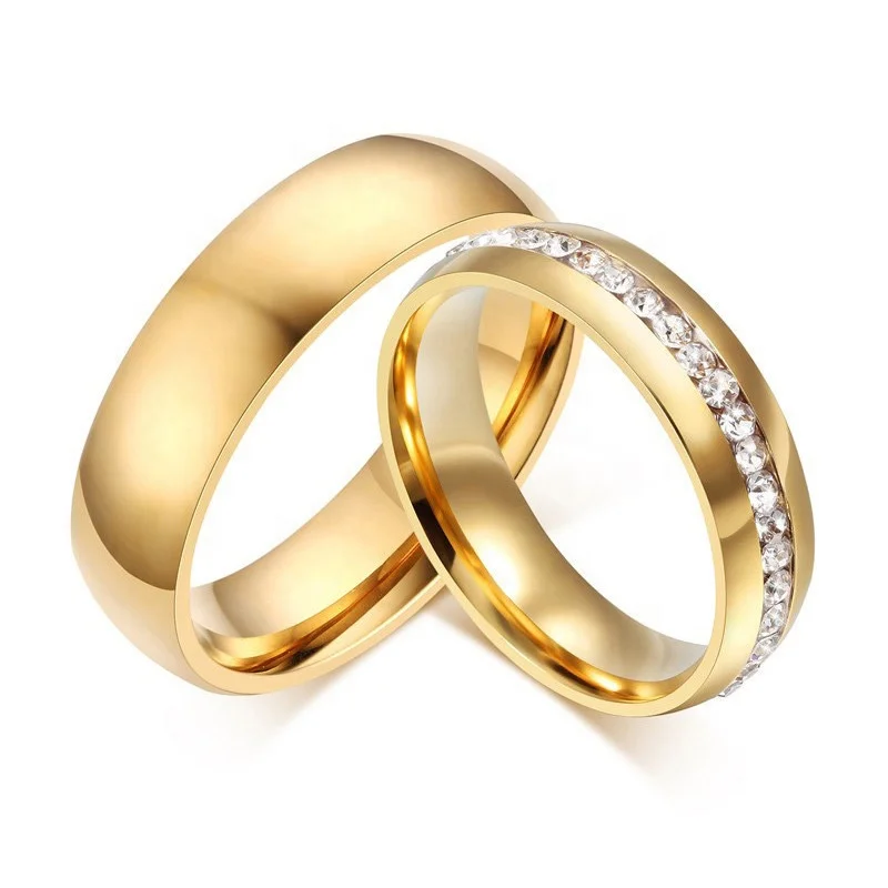 New fashion plated shiny crystal male female jewelry 6mm width stainless steel gold wedding rings set for men and women