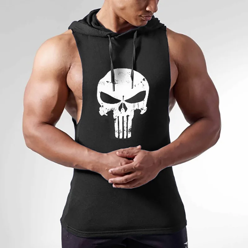 

high quality OEM custom made silk screen print men tank top gym with hood, Picture color