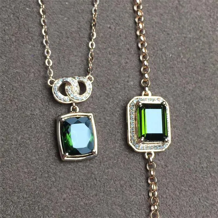 

18k Gold South Africa real diamond natural green cushion facetted tourmaline pendant necklace bracelet simple female Jewelry Set