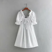 

Slash neck fashion women summer casual cotton linen puff sleeve dress