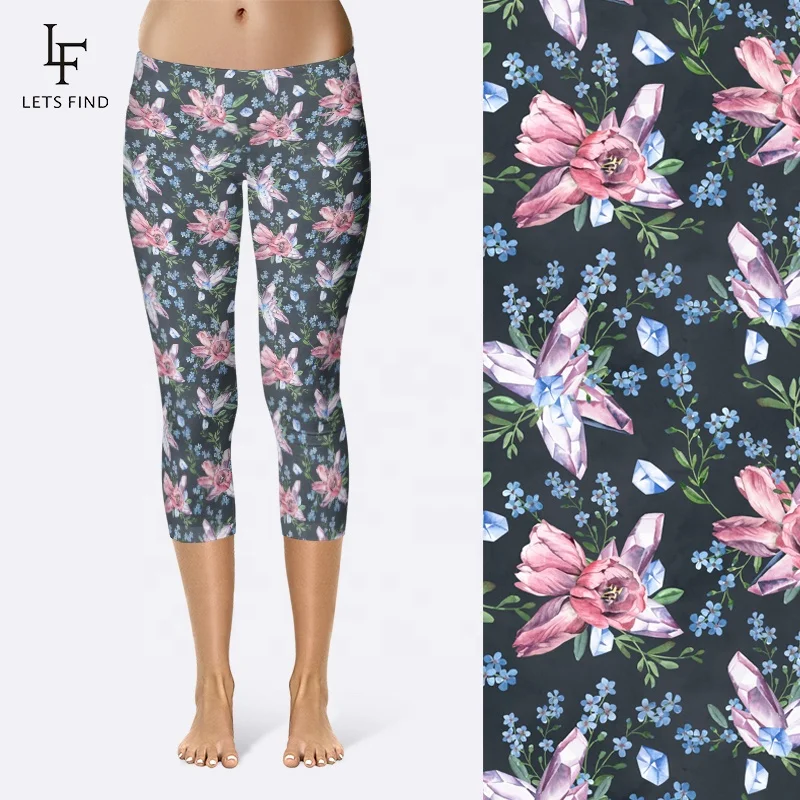 

High waist capri leggings custom flower printed yoga pants 230gsm double side brushed milk silk soft leggings