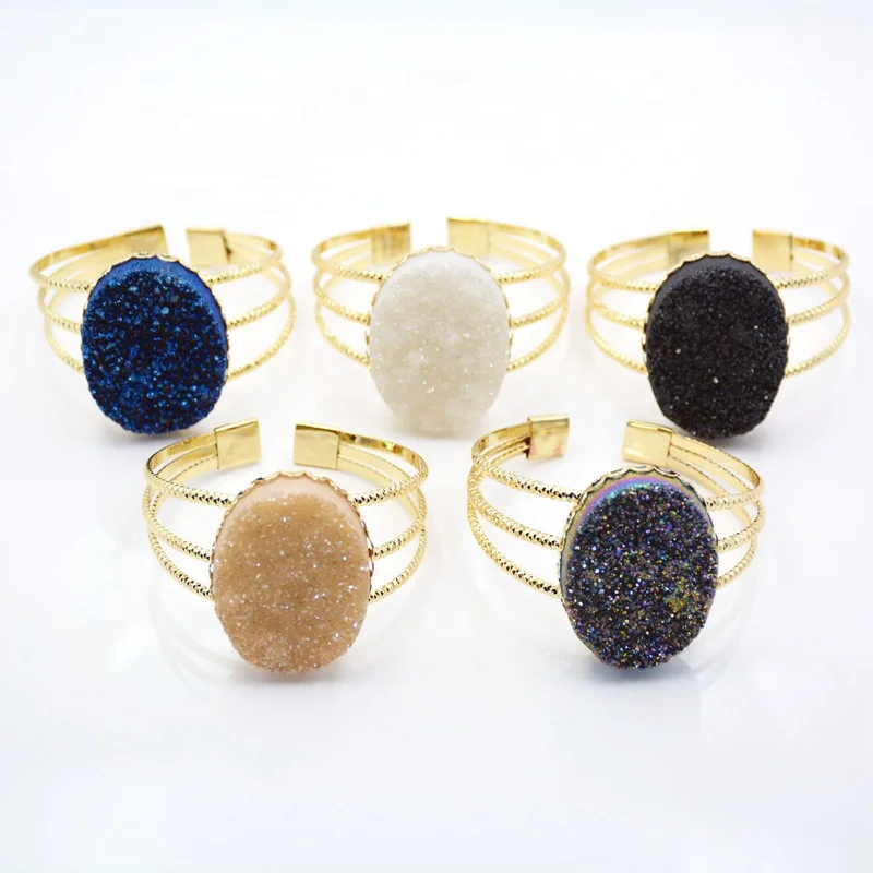 

large Natural druzy bracelet gold plated set jewelry multi color oval drusy stone bangle charms for women