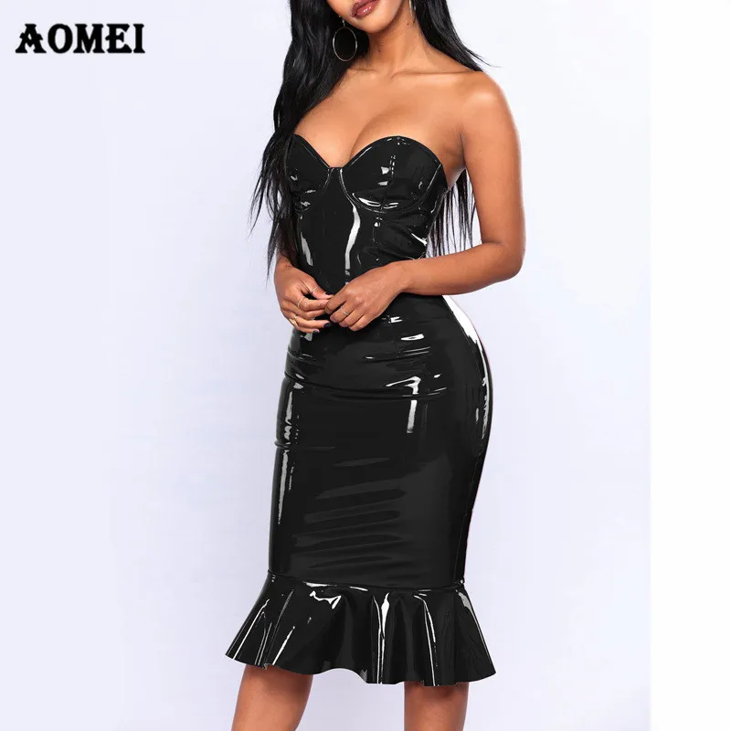 

Knee Length 4XL 5XL Off Shoulder Sweetheart Synthetic Leather Women Club Dress 2019, Red black