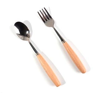 Image of Wooden handle kitchen environmentally friendly and portable knife wedding cutlery spoon and fork stainless steel,spoon forks