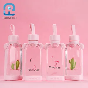Image of Pink 350ml Glass Water Bottle Glass Water Cute Drink Bottles Kids School Glass Bottle For Water