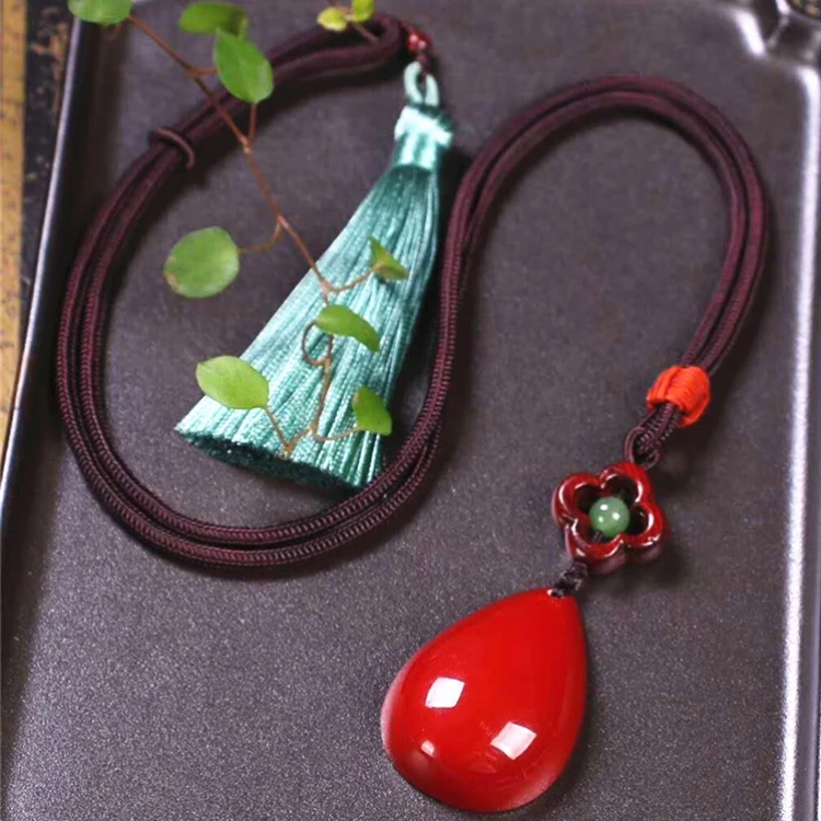 

jewelry natural red coral pendant necklace with rope/jade/Lobular red sandalwood for women pressed flower necklace