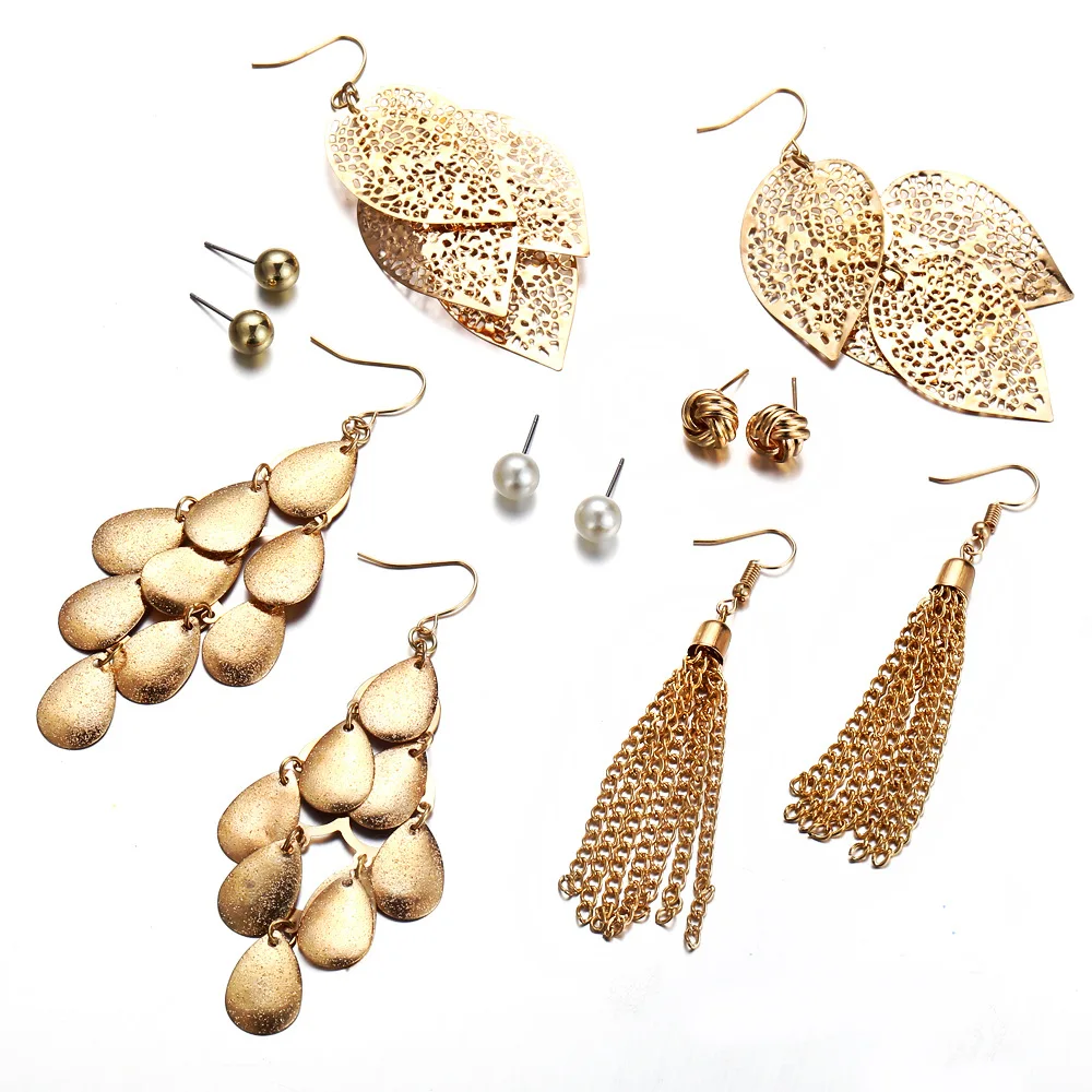 

2019 Luxury Dubai Gold Plated Stainless Steel Set Jewelry Hollow Leaves Pendant Earrings Pearl Stud 6 Pairs Earrings Set