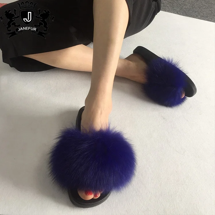 

Custom Color Fox Fur Slides Woman Popular Fur Slippers Real Fox Fur Slipper