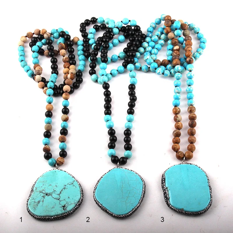 

Women Ethnic Bohemian Tribal Jewelry Long Knotted Turquoise Blue Stone Pendant Necklace 108pc Mala Necklace, Mixed color