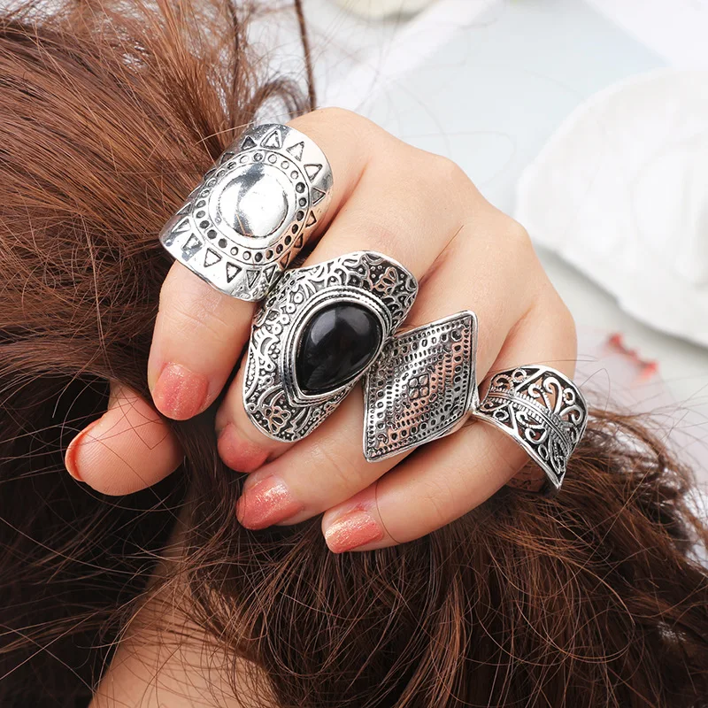 

Court Hollow Carved Rings Engagement Rings Set for Women Vintage Midi Punk Black Stone Finger Ring Jewelry (KR043), Antique gold,antique silver