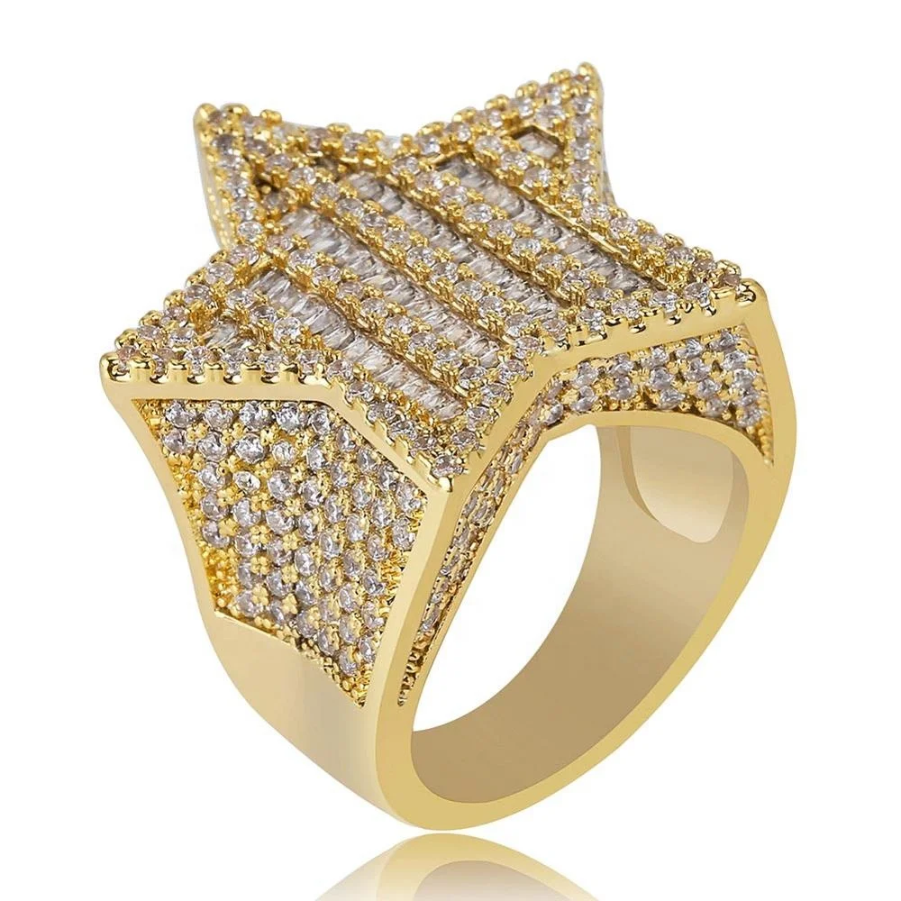 

New Arrival Micro Paved Diamond Bling Gold Plated AAA CZ Stone Five-pointed Star Rings Hip Hop Men's Pentagrams Ring, Gold,sliver