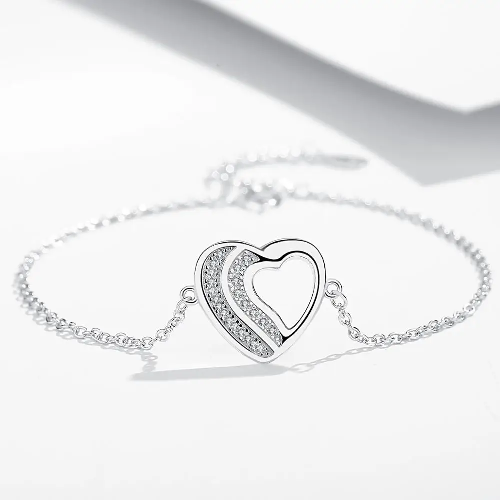 

Unique Rhinestone Chain Link Bracelet 925 Sterling Silver Hollow Heart Fashion Bracelets & Bangles For Women Accessories