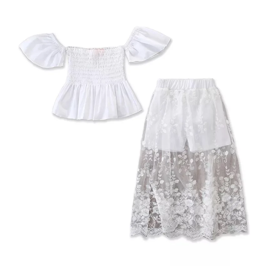 

2019 Girls mesh gauze skirt two-piece suit kids off shoulder shirt with mesh shorts skirt summer suit, As picture