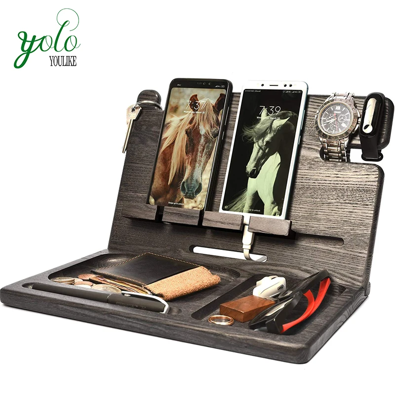 

Wooden Cell Phone Stand Watch Holder Wireless Device Dock Organizer