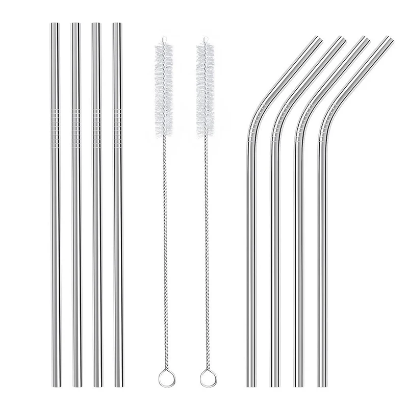 

WeVi Set of 8 with 2 Brushes and Carry Bag Stainless Steel Variety Long Reusable Drinking Straws for Beverage, Stainless steel color