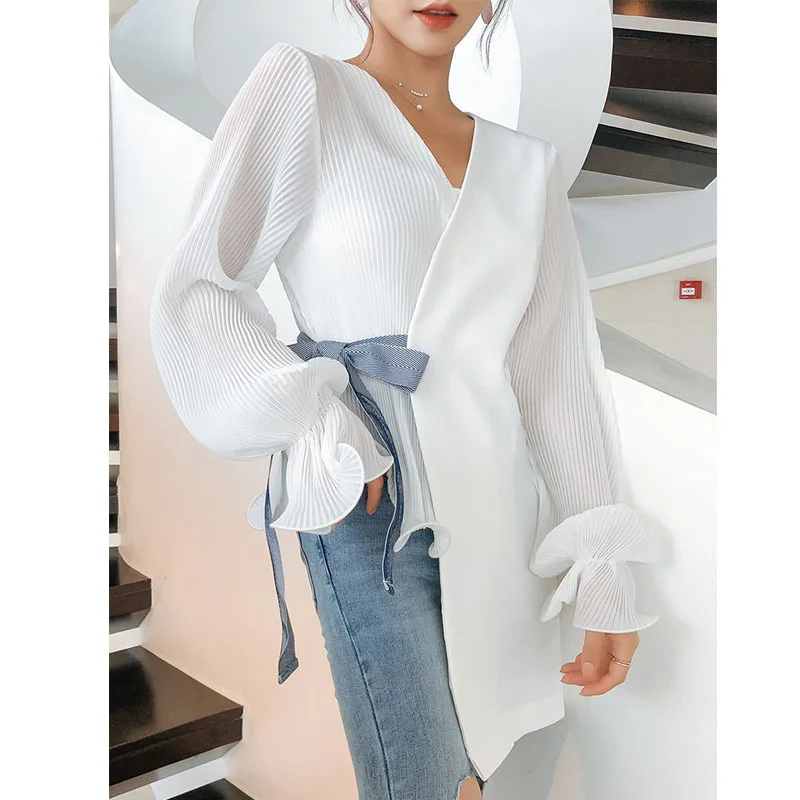 2019 New Designs OEM Service Autumn Spring White Casual Long Sleeve Chiffon Women Blouse