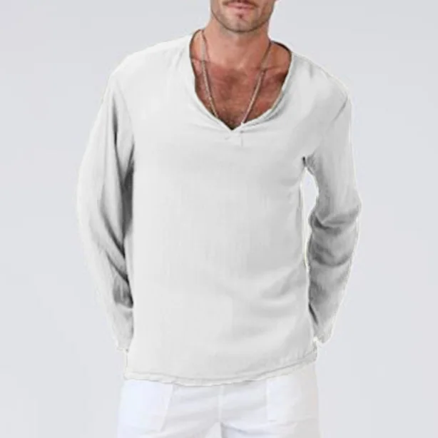 

AFM2019 Linen loose men's V-neck solid color long-sleeved T-shirt, N/a