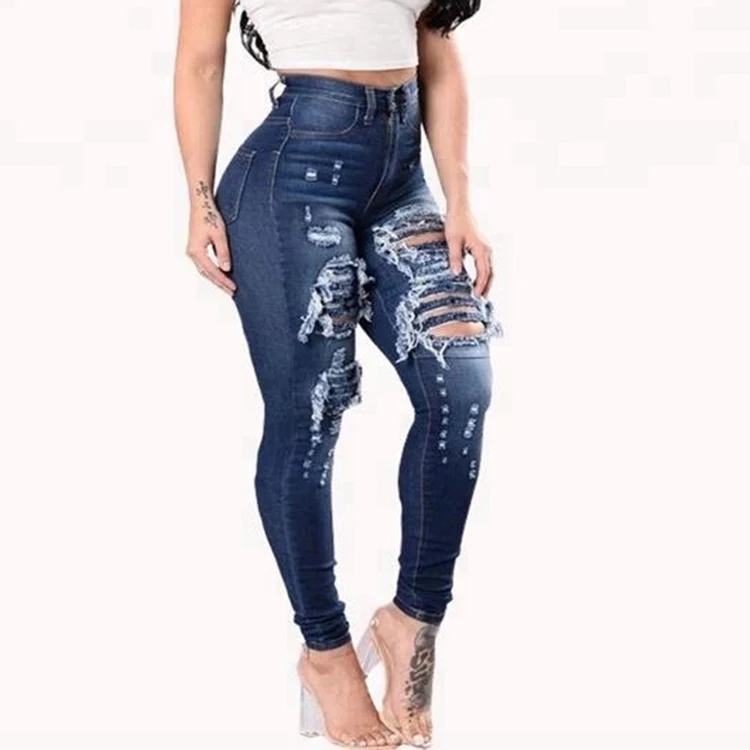 

Street fashion womens high waist ripped jeans from China