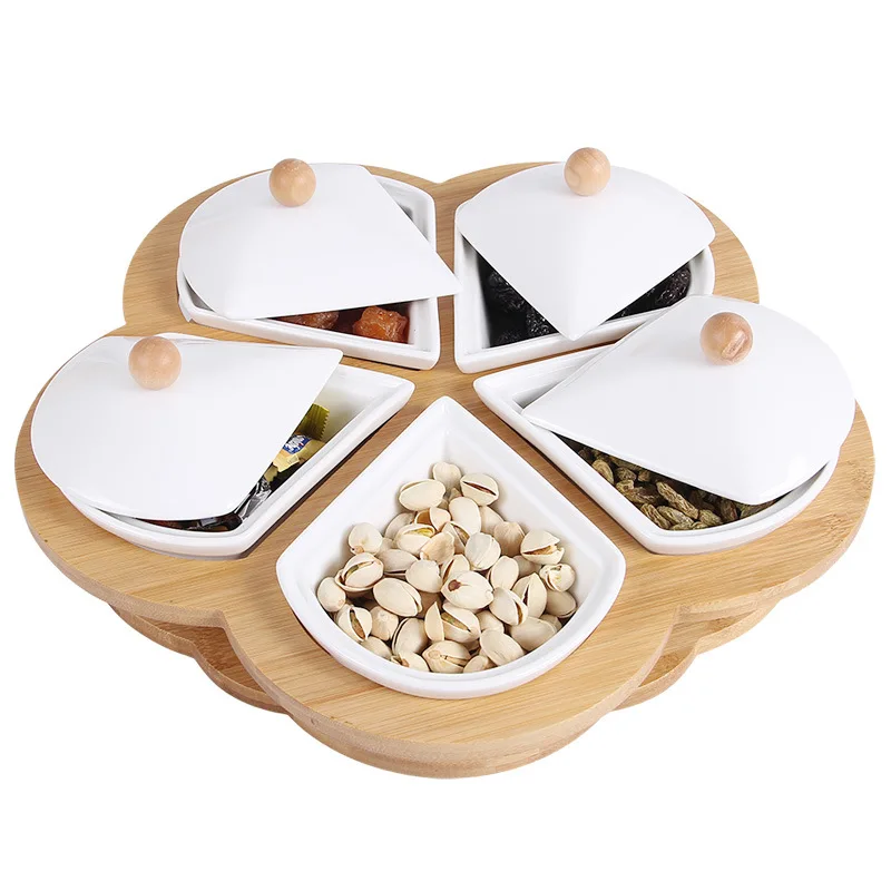 

Customized Plum Shape 5 Girds Bamboo Snack Dessert Serving Platter For Party, Natural color