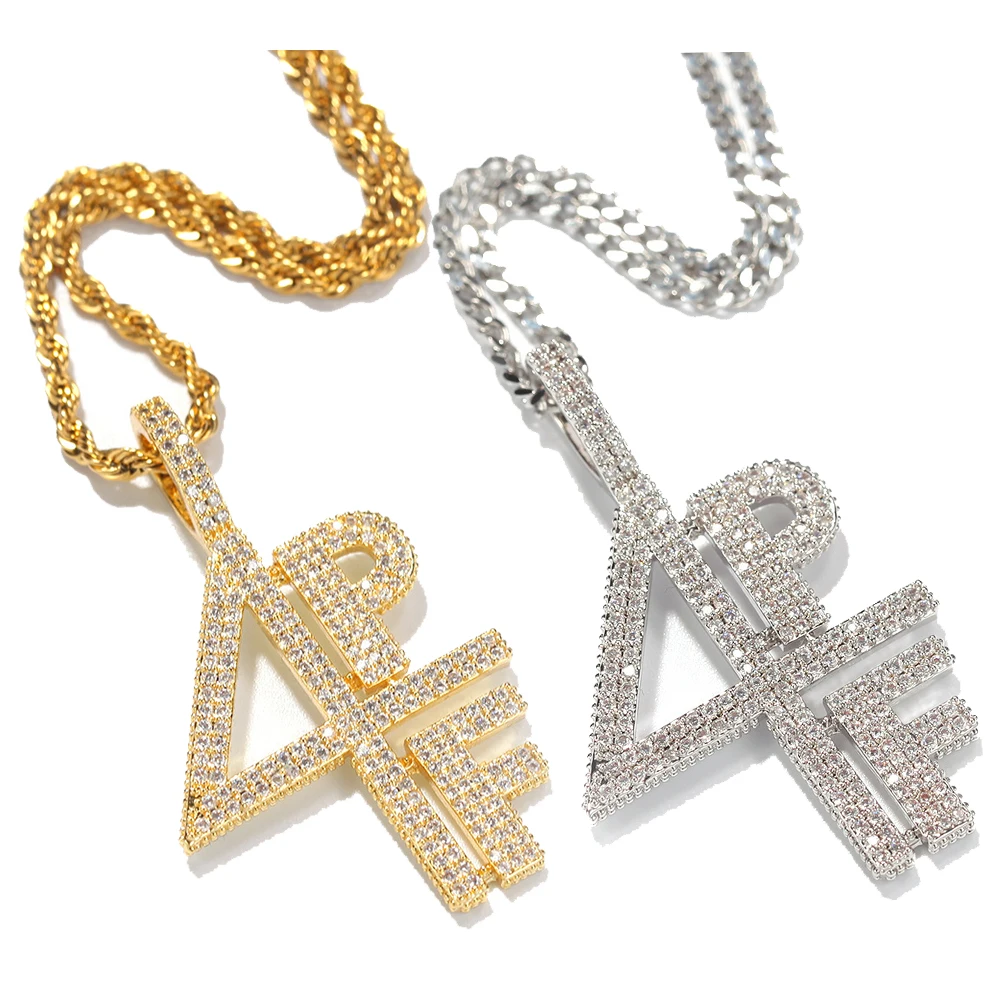 

Hiphop Brass Iced Out Diamond Pave Initial Letter 4PF Number Street Dance Rap Male Pendant Necklace, Gold/silver