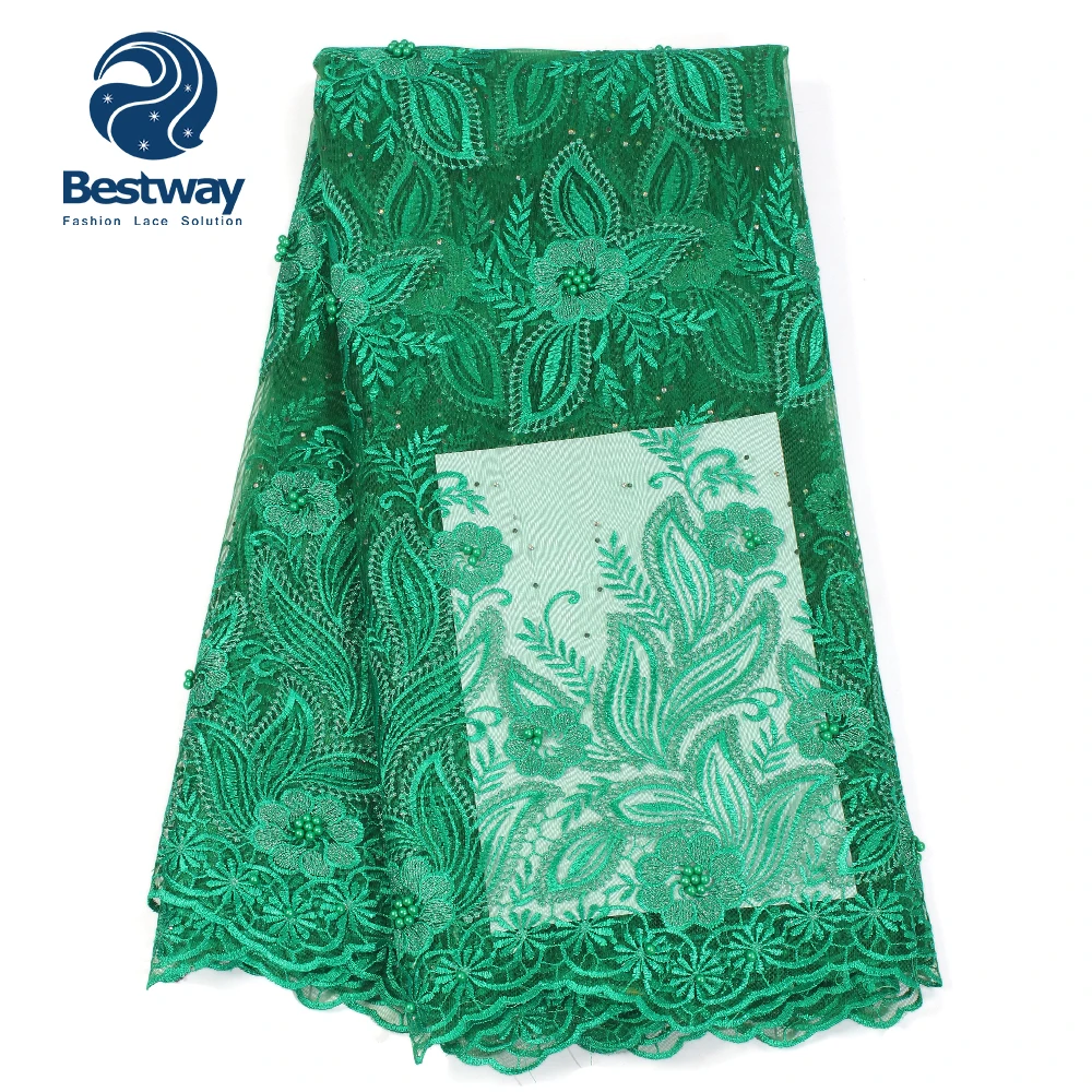 

Bestway OEM Factory High Quality Green African French Lace with Beads FL0470, Mint green;leaf blue;grey;silver;peach;gold;yellow