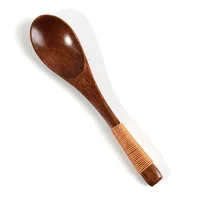 

Long Handled Wood Soup Dessert Spoon Teaspoon with black strapping Korean kids eating Soup spoon