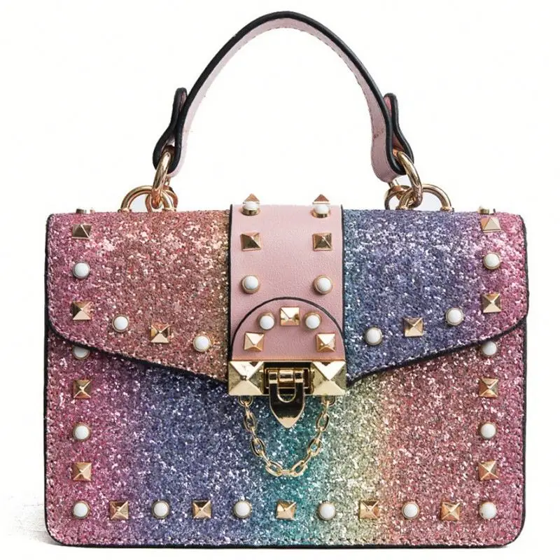 

2019 new fashion wholesale sequin colorful shoulder bag with rivet bastudded ladies shiny glitter shoulder bag strap handbags, Golden,black,rainbow