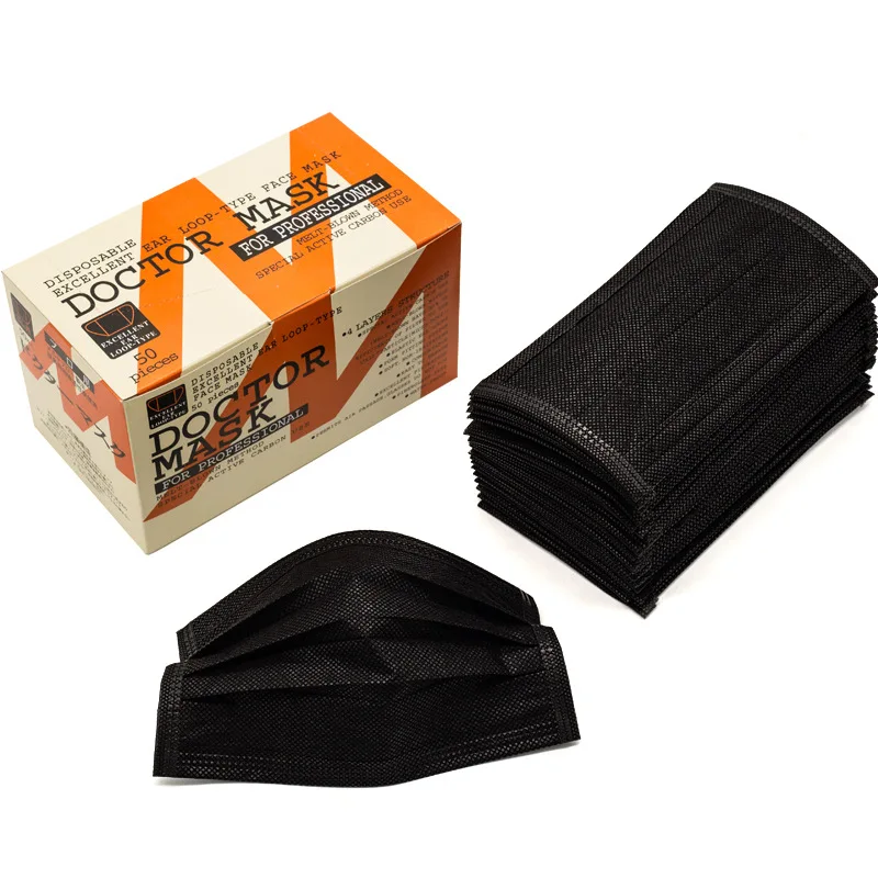 50pcs 4 layer filter Non Woven Black Activated Carbon Disposable Face Mask Medical dental Earloop Anti-Dust Face Surgical Masks