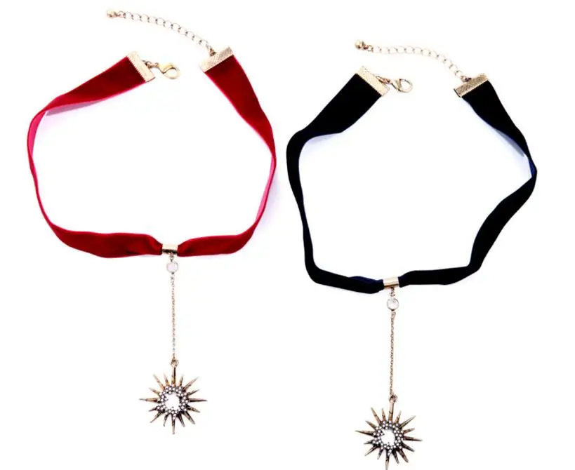 

xl01240a Vintage Blue Red Ribbon Choker Necklace, Long Chain Crystal Star Pendant Necklaces