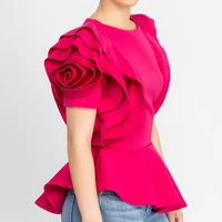

Women Blouse Tops Shirt Layers Petal Sleeves Elegant Fashion Spring Summer Rose Red Blue Black White Bluas Ruffles Classy Lady
