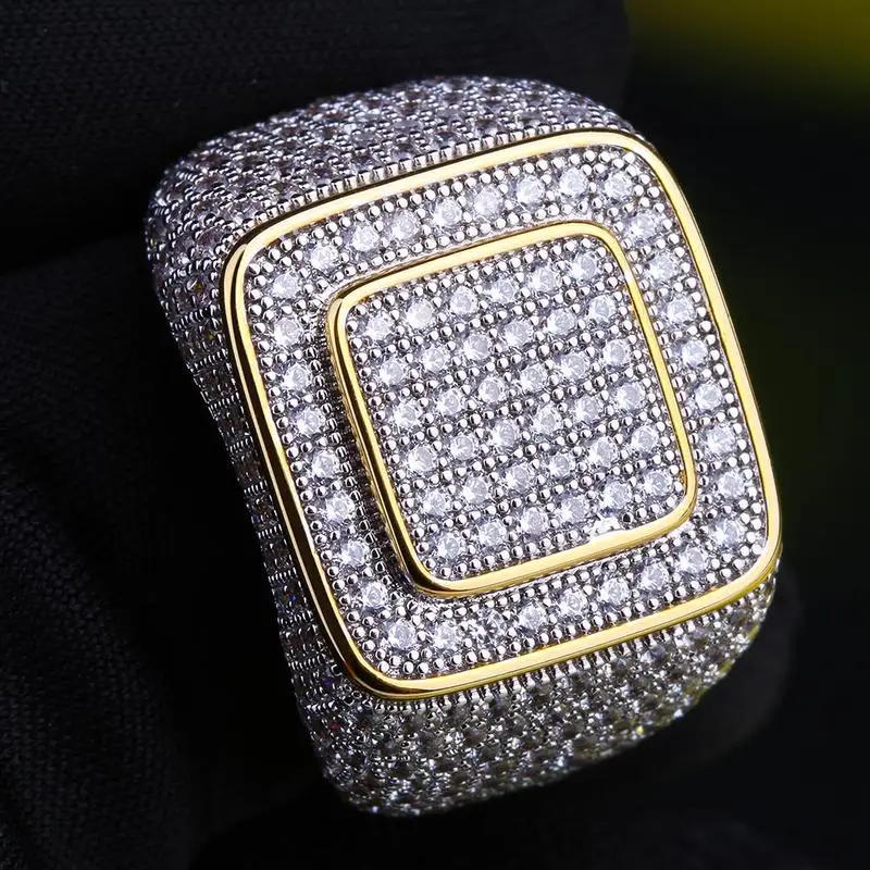 

KRKC Wholesale Fashion Hip Hop Jewelry Square Iced Out Ring 18K Gold Plated Platform Ring Diamond Crystal CZ Bling Ring for Men