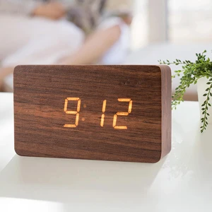 Image of Fashion Indoor Humidity Wireless Desktop Screen Digital Clock Natural Wood Square Alarm Clock on desk