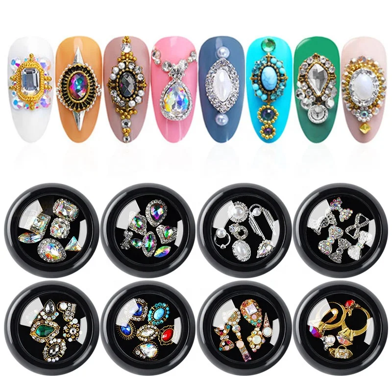 

Misscheering 6 PCS Mixed Alloy Nail Art Decorations 3D Rhinestones Retro Flatback Shiny Diamonds Crystals Opal Beads Set