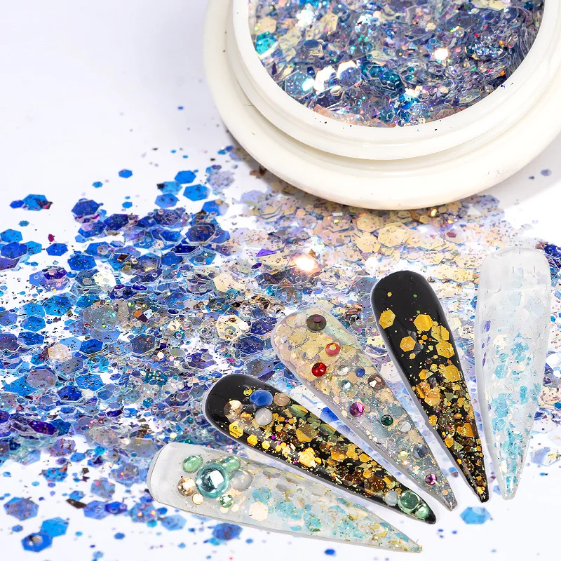 

0.5g/Jar Mix Sizes Hexagon Shape Nail Glitter Holographic Paillette Flake Decorations Nail Art Sequins, 8 colors nail paillette