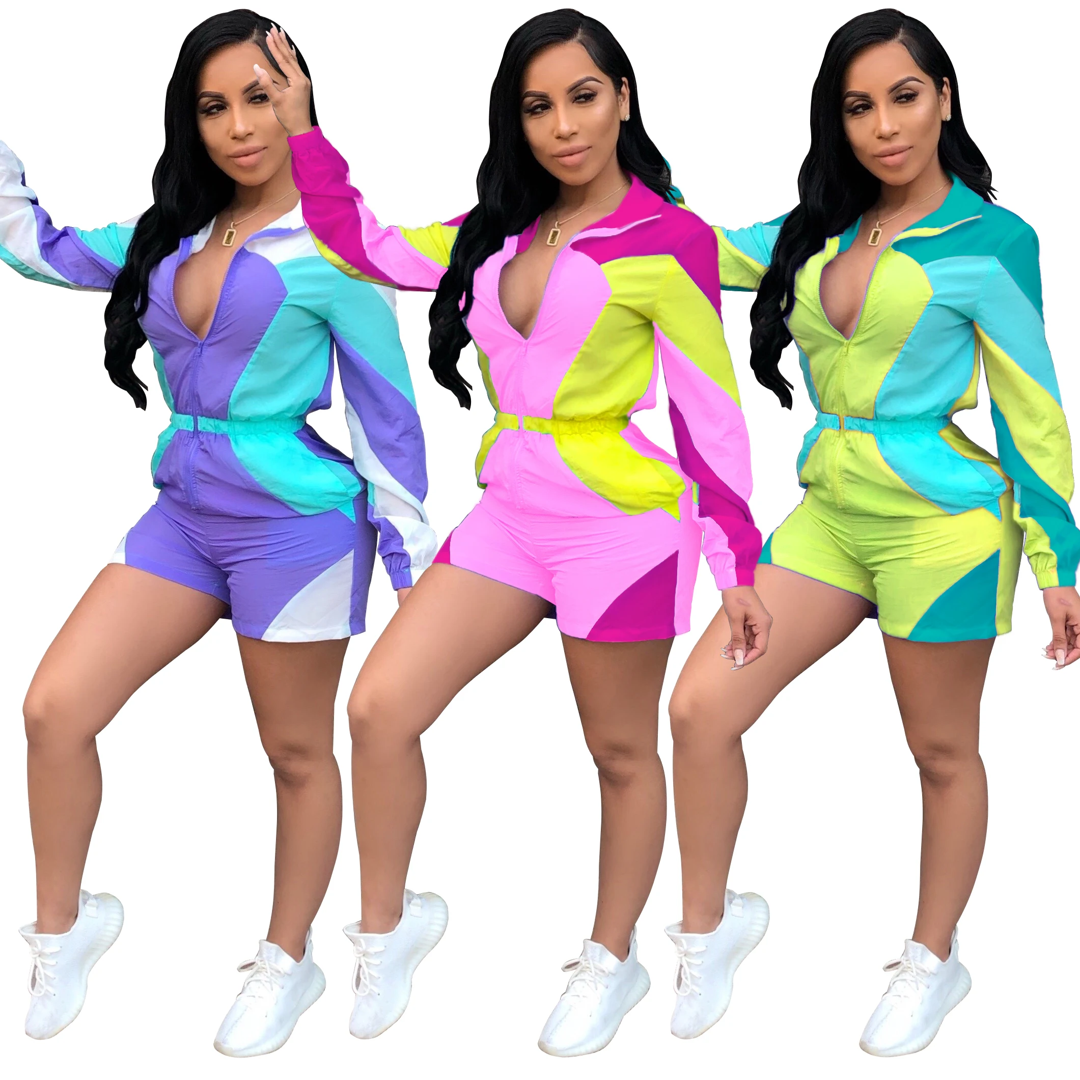 

casual stitching long sleeve zip up seersucker romper jumpsuit women