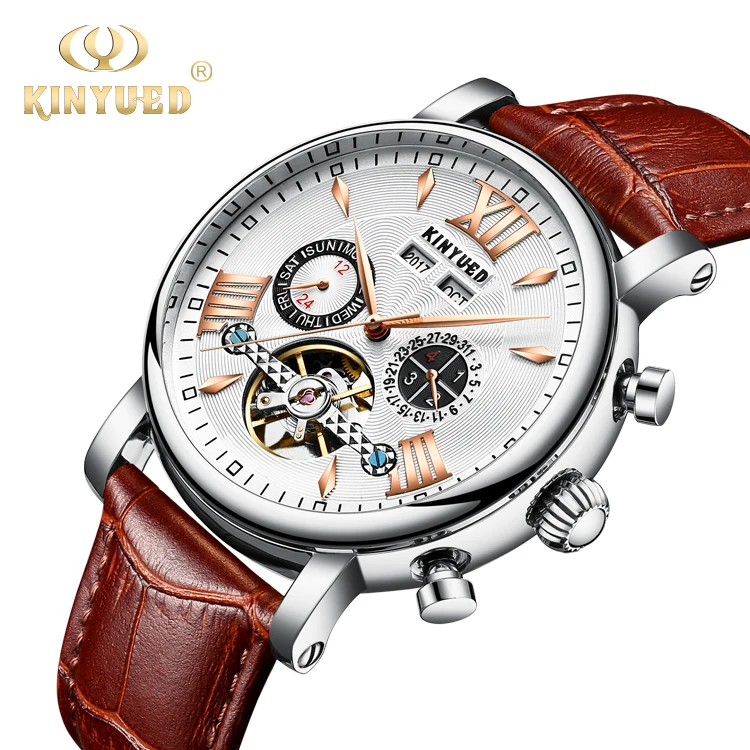 

KINYUED Fashion Business Men Automatic Wrist Watches Leather Strap Male Mechanical Watches Calendar Date Clock