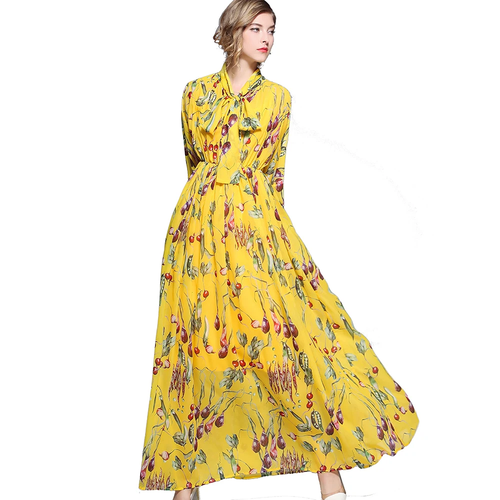 

Wholesale New Women Fashion Sweeping the Floor Long Sleeve Scarf Collar Within Tank Maxi Printing Dress, Printed