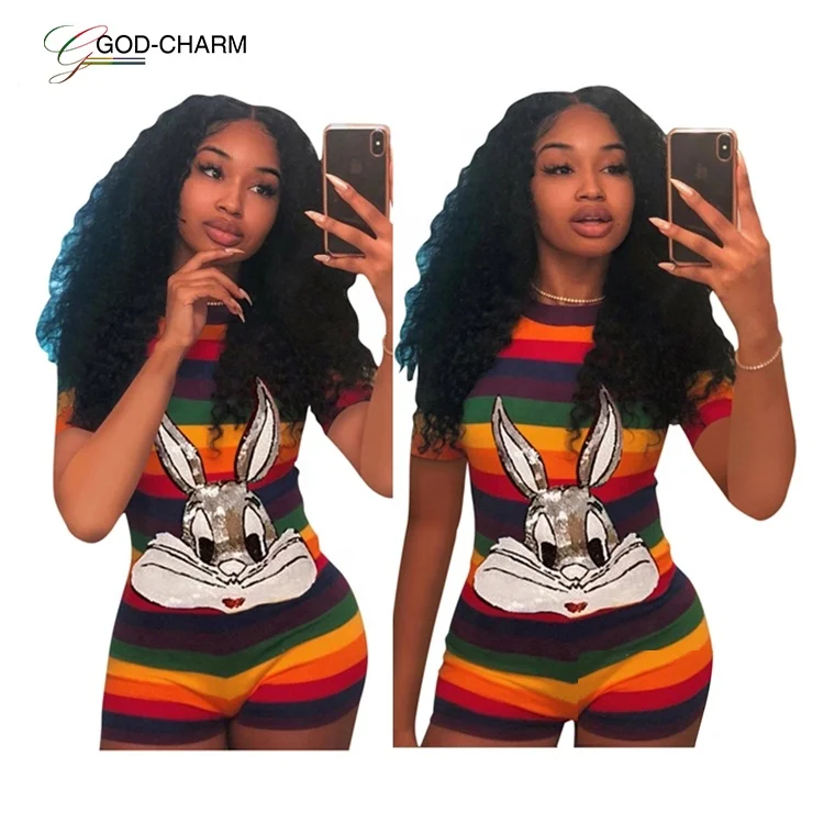 

G-867S41 Wholesale Sexy Hot sale women's Casual sequin cartoon striped short jumpsuit