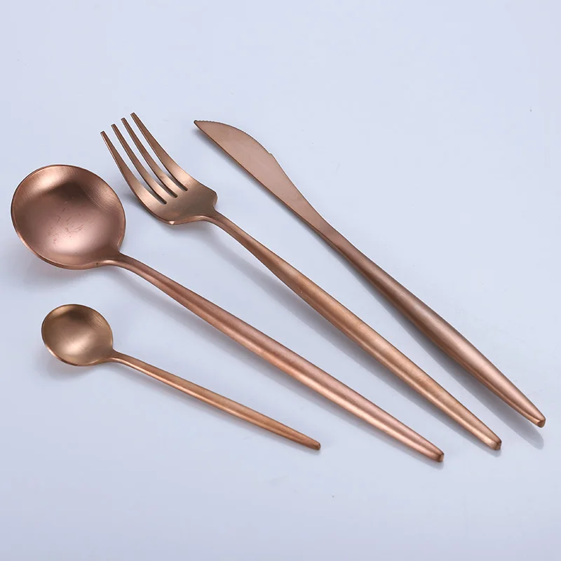 

wholesale 18/\10 stainless steel portugal rose matte gold royal wedding gift cutlery,knife and fork,flatware, Rose gold