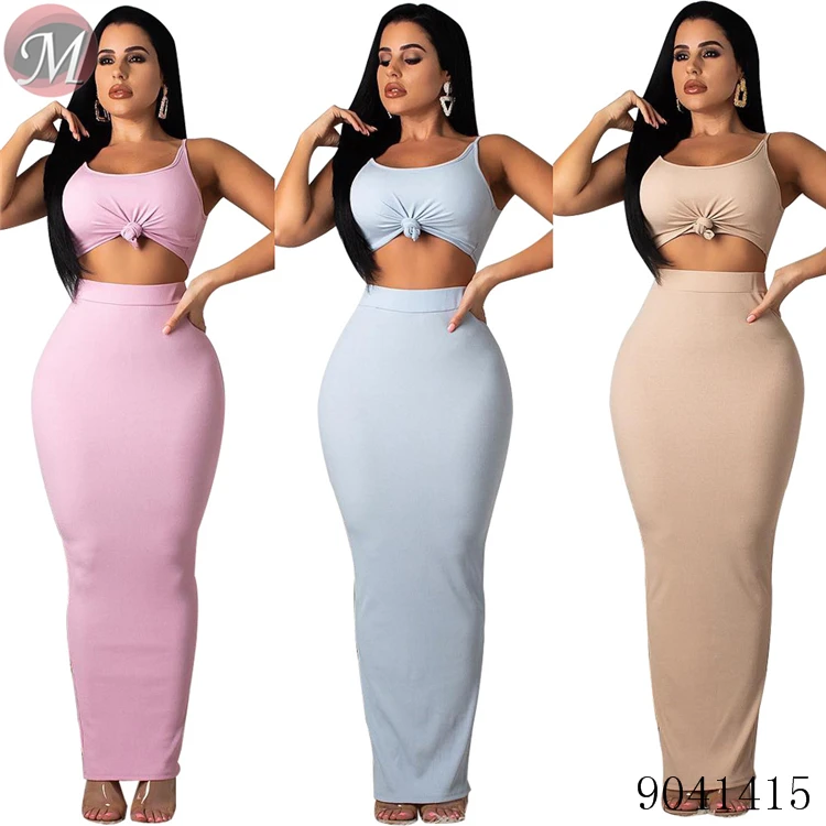 9041415 Women solid crop top and long bodycon skirt two piece set