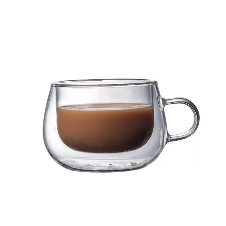 

OEM custom logo double wall glass mug 150ml with glass handle for coffee